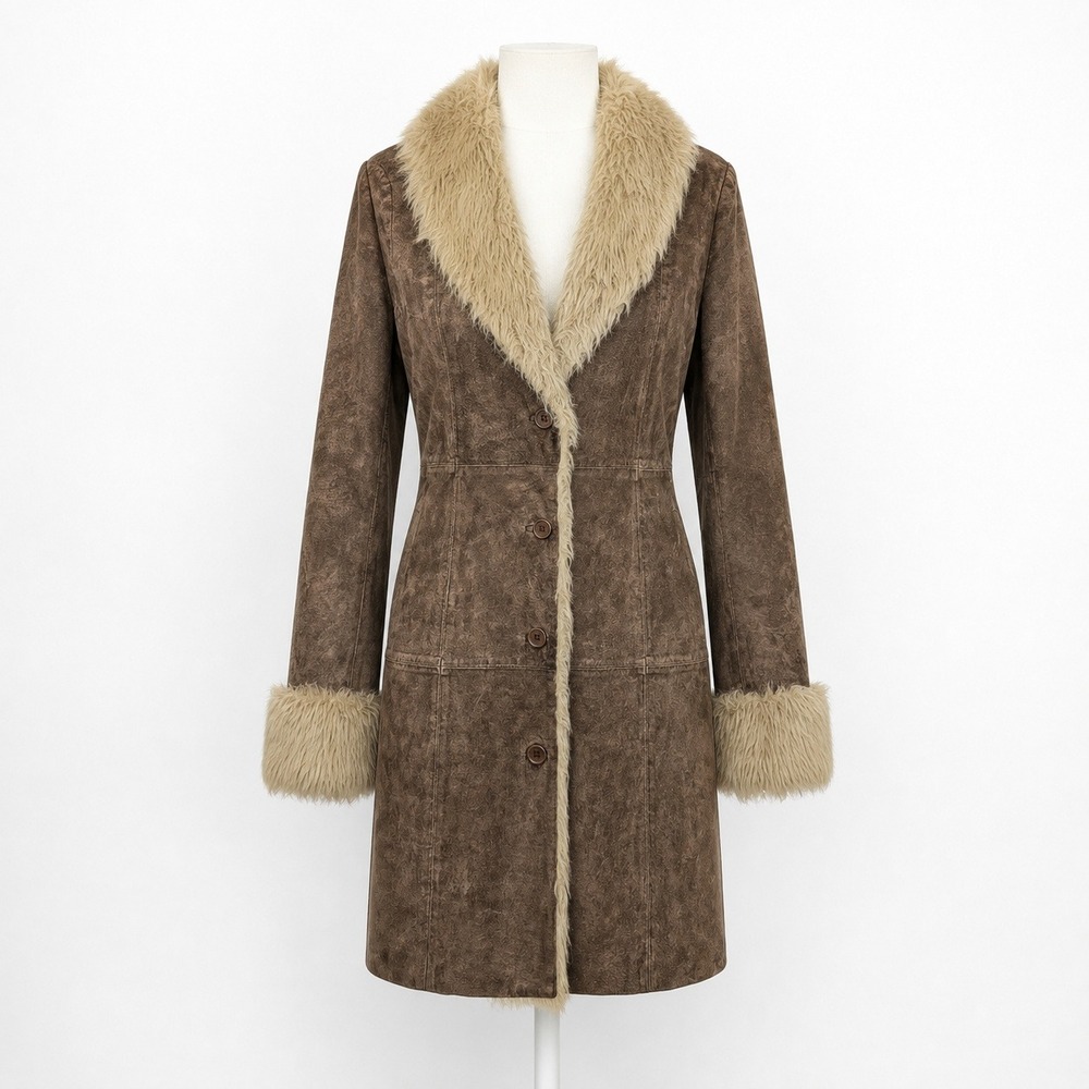 Vintage Y2K Candies Penny Lane Leather Coat M Brown Faux Fur Trim Hippie Indie